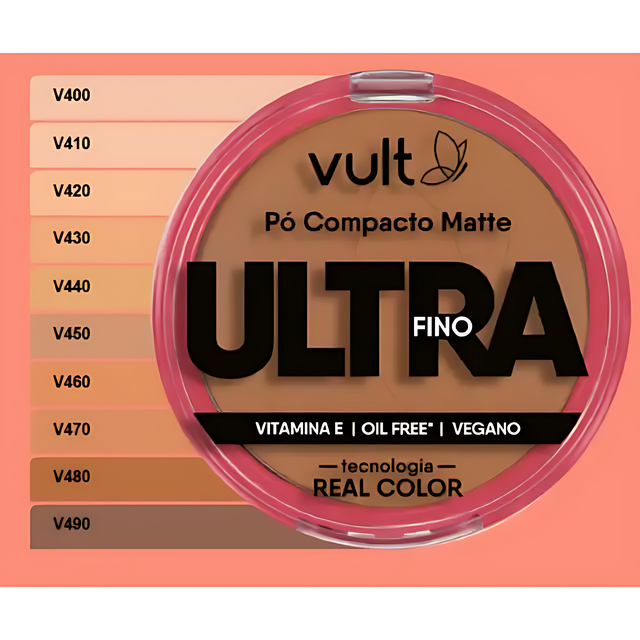 Vult Ultrafine Matte Compact Powder, Pó Compacto Matte Ultra Fino, with a close-up view of its comprehensive shade range swatches from V400 to V490, suitable for various skin tones. Highlighted features include Vitamin E, oil-free, vegan, and Real Color Technology – Buy now at MKPBR.COM – Worldwide Shipping
