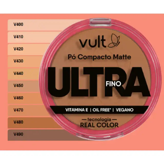 Vult Ultrafine Matte Compact Powder, P&oacute; Compacto Matte Ultra Fino, with a close-up view of its comprehensive shade range swatches from V400 to V490, suitable for various skin tones. Highlighted features include Vitamin E, oil-free, vegan, and Real Color Technology – Buy now at MKPBR.COM – Worldwide Shipping