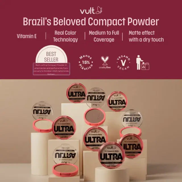 Vult Ultrafine Matte Compact Powder marketing graphic, celebrating 'Brazil's Beloved' status and highlighting key benefits: Vitamin E, Real Color Technology, Medium to Full Coverage, Matte effect with a dry touch, 'Best Seller,' reduced plastic, cruelty-free, and vegan. Multiple compacts in various shades are artfully arranged – Buy now at MKPBR.COM – Worldwide Shipping