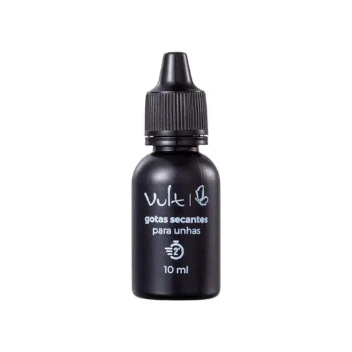Close-up shot of the black Vult Nail Drying Drops bottle with dropper, displaying the Vult logo, product name, and '10ml' volume– Buy now at MKPBR.COM – Worldwide Shipping