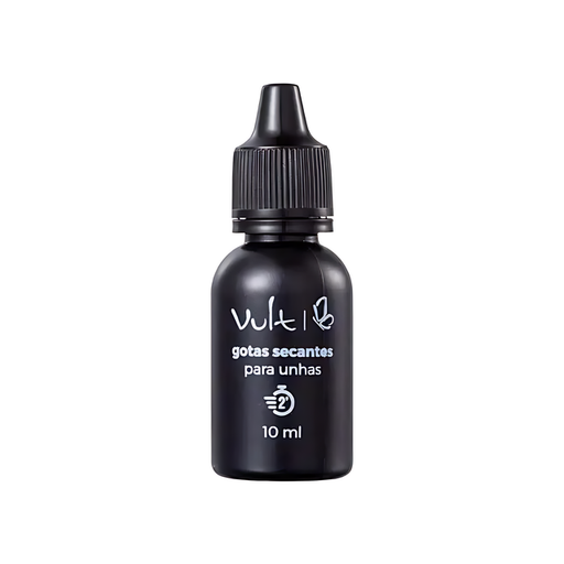 Close-up shot of the black Vult Nail Drying Drops bottle with dropper, displaying the Vult logo, product name, and 5-Free formula – Buy now at MKPBR.COM – Worldwide Shipping