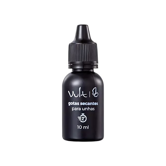 Close-up shot of the black Vult Nail Drying Drops bottle with dropper, displaying the Vult logo, product name, and 5-Free formula – Buy now at MKPBR.COM – Worldwide Shipping