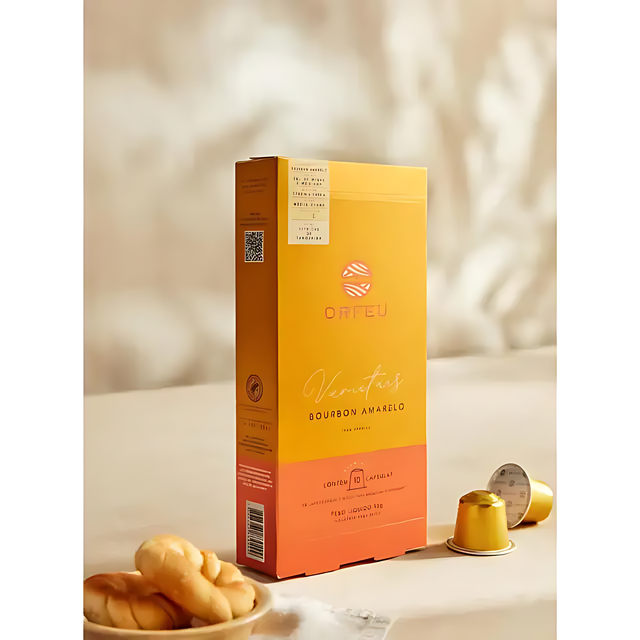 Orfeu Bourbon Amarelo Espresso Capsules – 100% Arabica, Medium-Light Roast – 10 Count, 1.76 oz (50g) – An inviting scene of 10-count Orfeu Bourbon Amarelo packaging, suggesting a calming wellness moment. – Buy now at MKPBR.COM – Worldwide Shipping