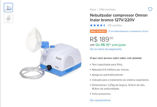 Personal Shopper | Buy from Brazil - Nebulizador compressor Omron Inalar branco 127V/220V- MKPBR - Brazilian Brands Worldwide