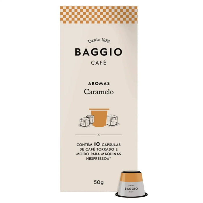Baggio Café Caramel Nespresso compatible coffee capsules, 10 count, showcasing sweet aroma. – Buy now at MKPBR.COM – Worldwide Shipping
