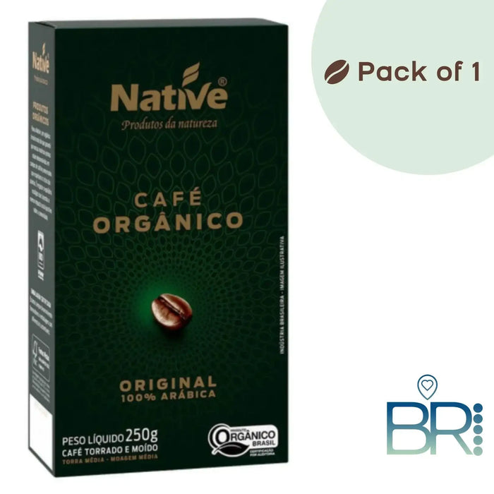  NATIVE Organic Brazilian Arabica Coffee, Medium Roast – 8.82 oz (250 g) – Detailed view of sustainable vacuum-sealed packaging. – Buy now at MKPBR.COM – Worldwide Shipping