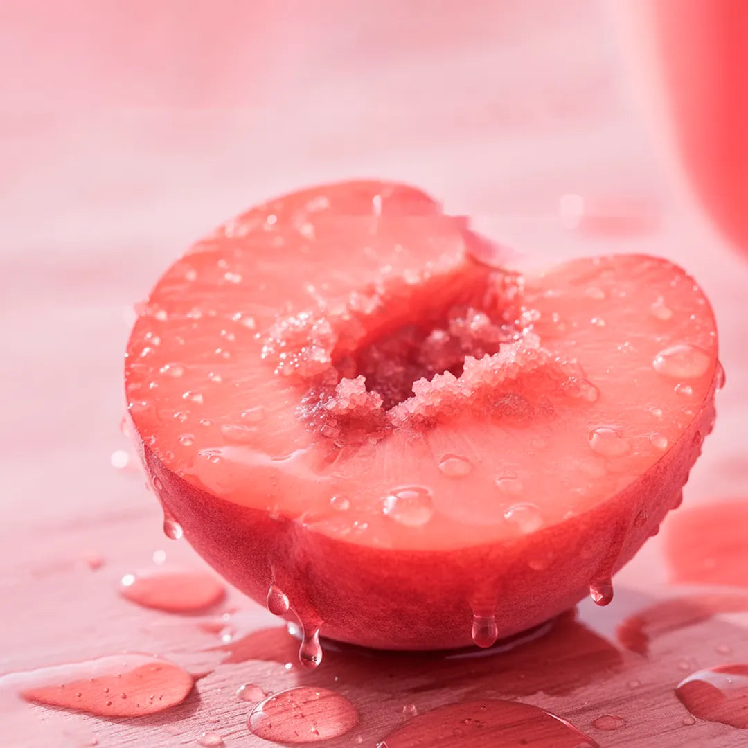 Sugar Up body scrub peach scent, shown with a fresh peach