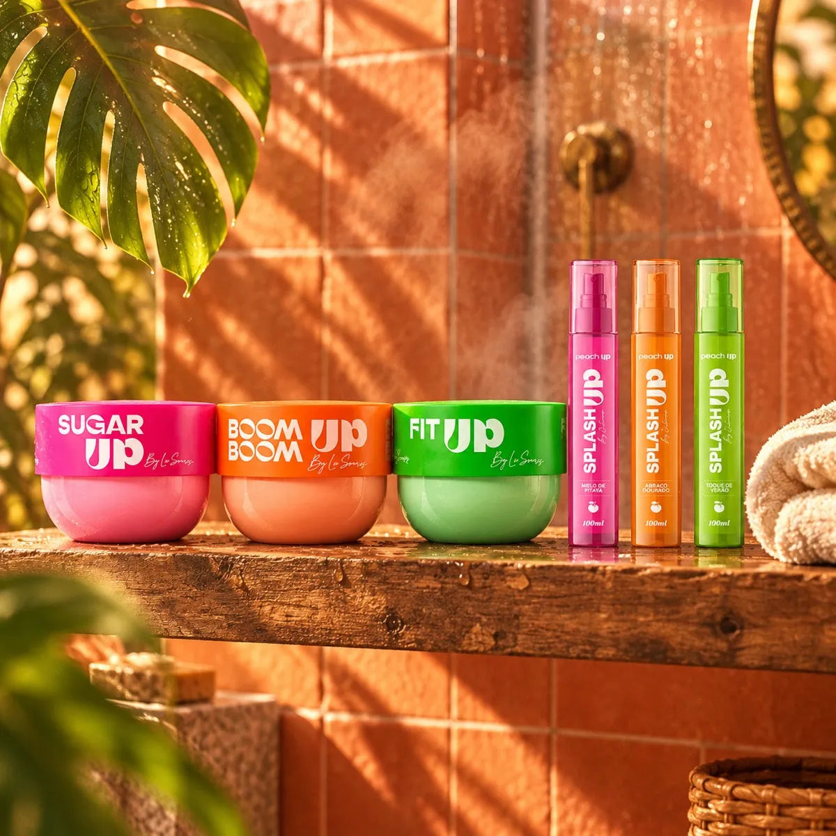 Peach Up products on a bathroom shelf