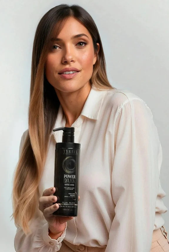 Model with blonde hair holding Tyrrel Professional Power Dark toning mask